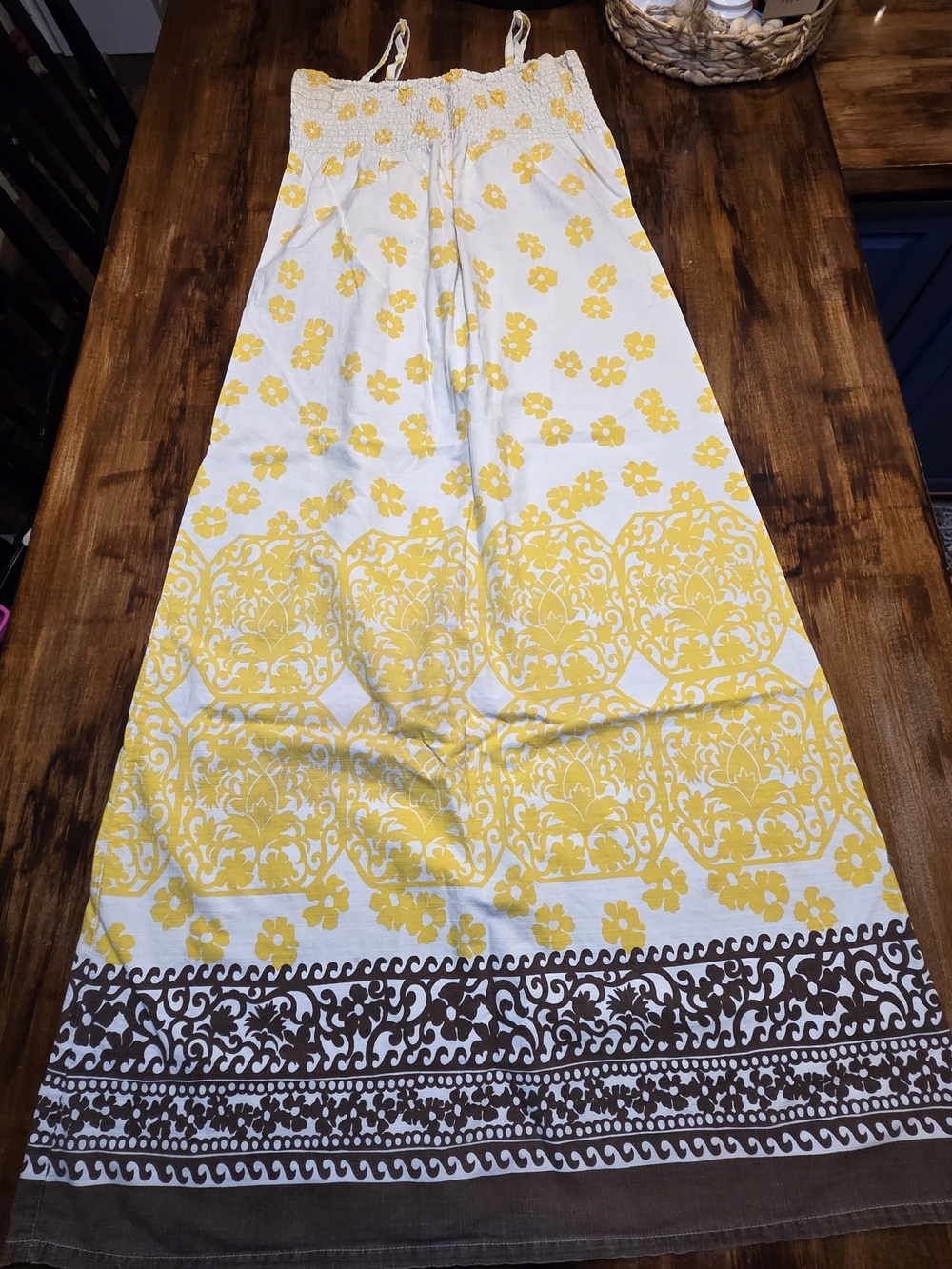 Roxy Seaside State Maxi Dress Sz M 100% cotton coastal boho Yellow and Brown